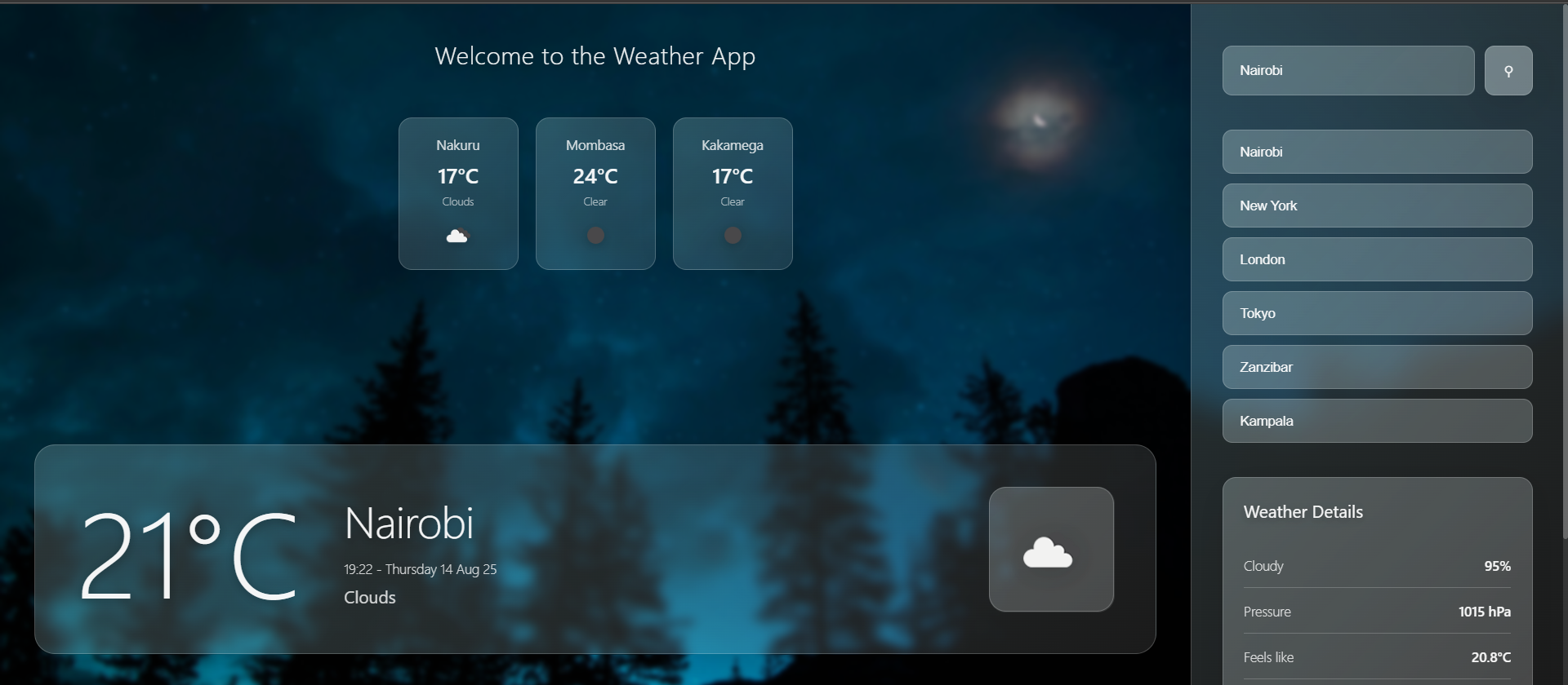 Weather App Project interface showing weather dashboard